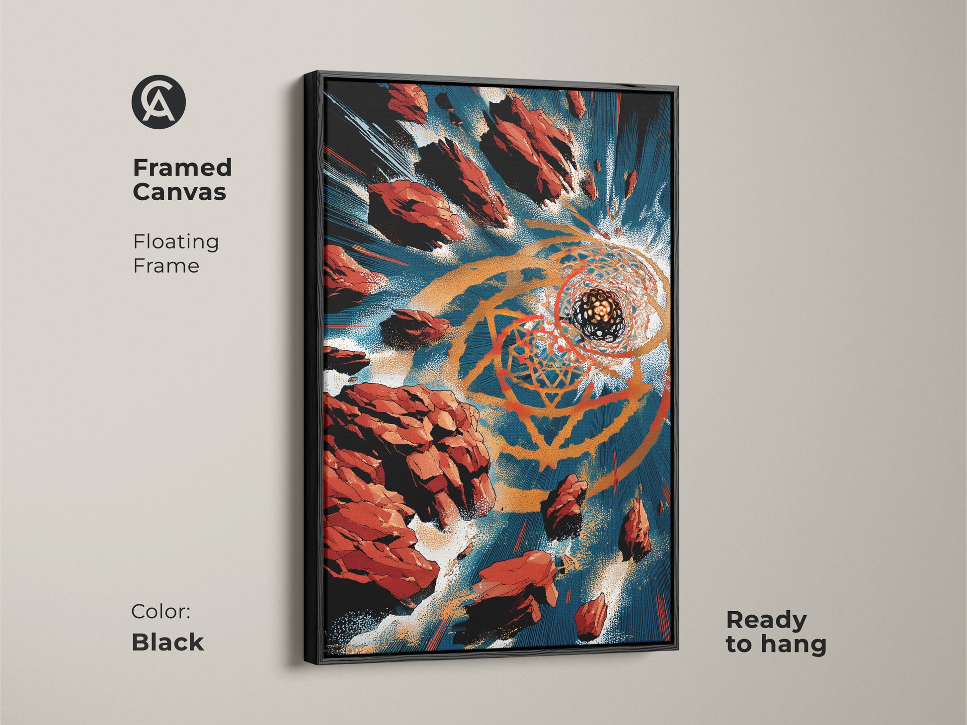 Framed canvas featuring a contemporary abstract geometric design in a floating black frame. The modern wall decor art has a striking orange gold and teal palette. Ready to hang abstract artwork