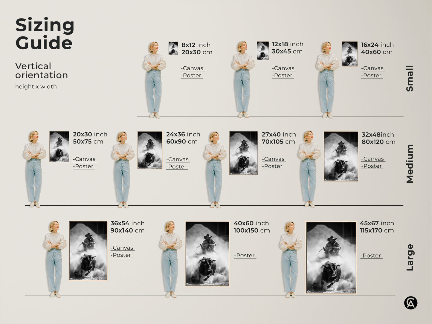 Sizing Guide showcasing a variety of vertical orientation sizes for canvas and poster prints. Sizes range from small to large. The monochrome rodeo artwork features a bull rider and charging bull. Perfect Western wall art for any space. Find the ideal fit for your rustic decor needs.