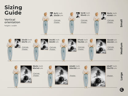 Sizing Guide showcasing a variety of vertical orientation sizes for canvas and poster prints. Sizes range from small to large. The monochrome rodeo artwork features a bull rider and charging bull. Perfect Western wall art for any space. Find the ideal fit for your rustic decor needs.