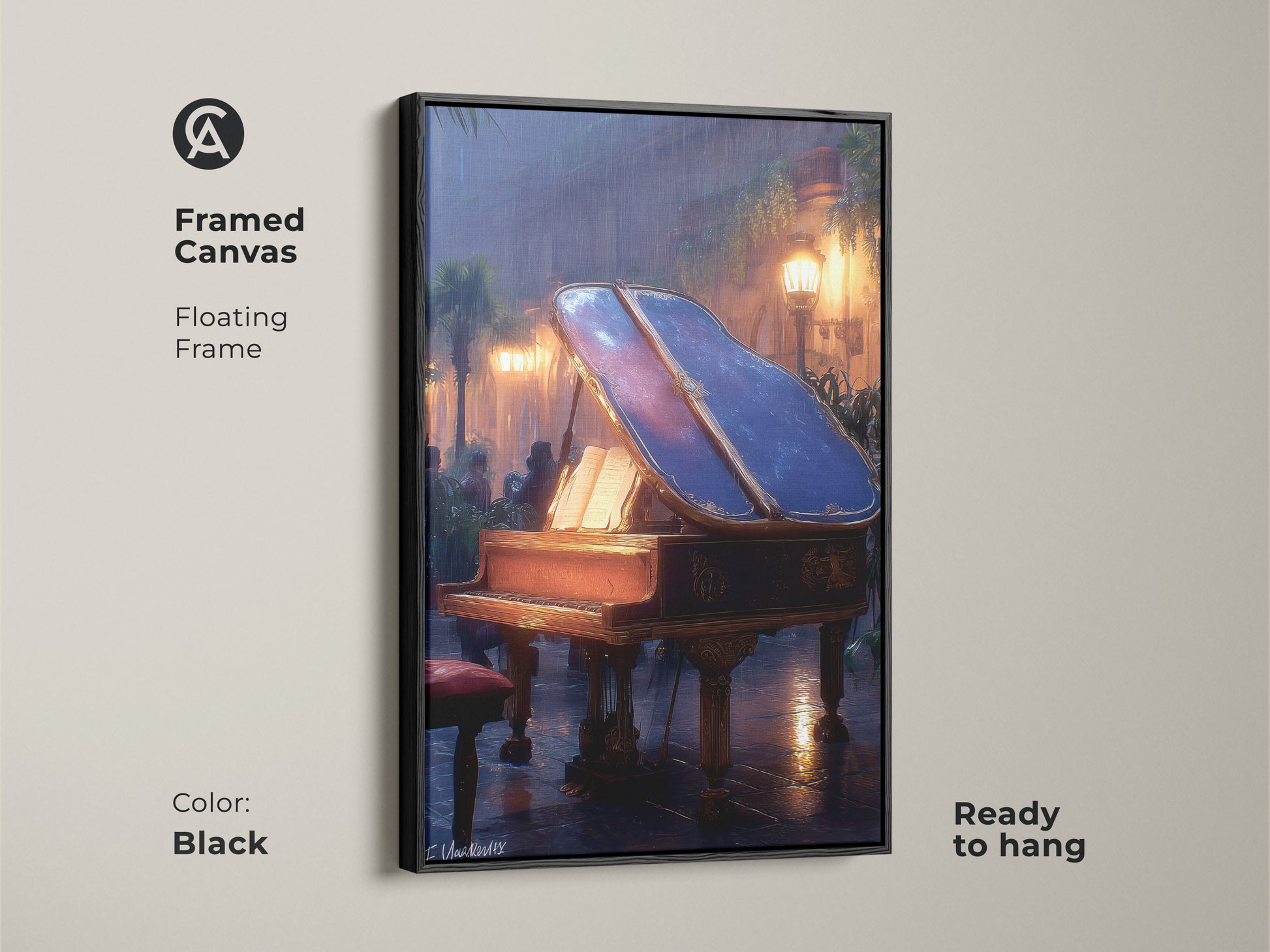 A black framed canvas showcasing the grand piano artwork with a floating frame. Ready to hang this mahogany amber blue print elevates home theater art. This eclectic music decor brings cinematic charm with a deep blue wall hanging to any room.