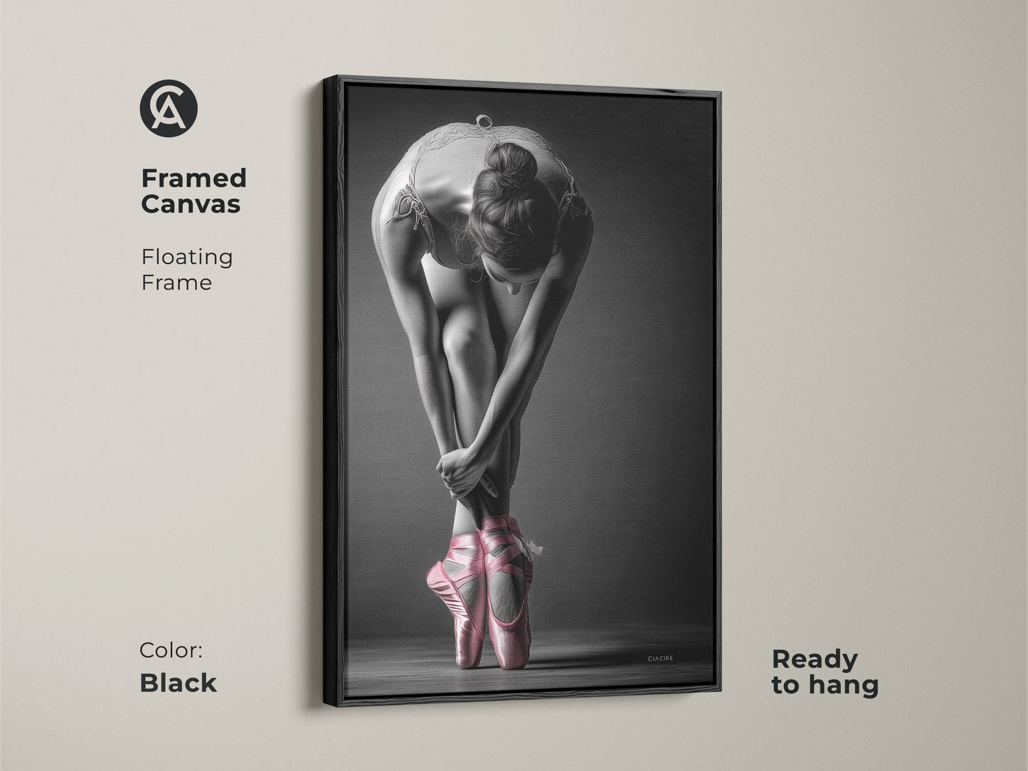 Black framed canvas of a ballerina. The art shows a dancer in pink pointe shoes. A floating frame adds a modern touch. Ready to hang and enhance your home decor with this piece.