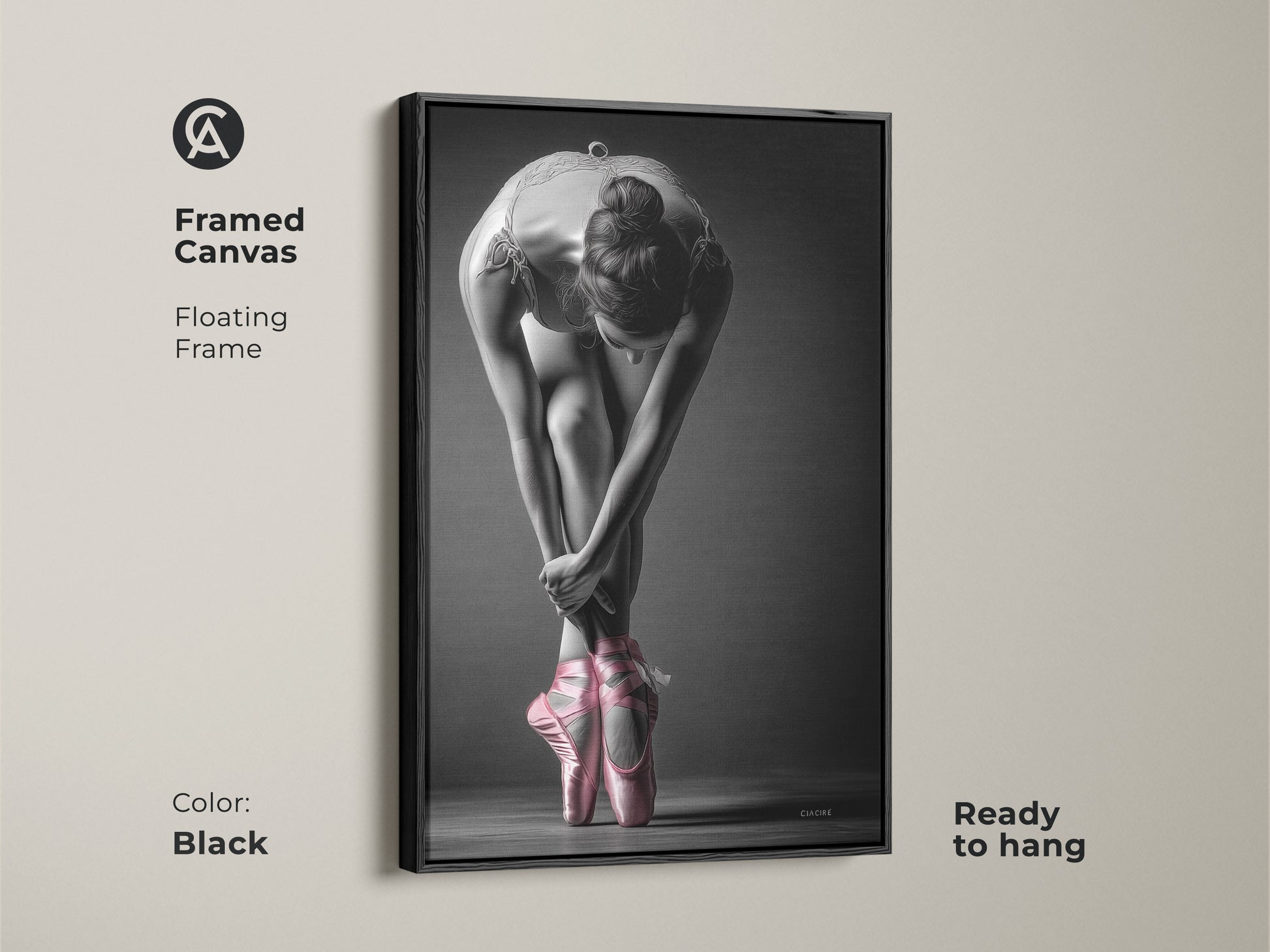 Black framed canvas of a ballerina. The art shows a dancer in pink pointe shoes. A floating frame adds a modern touch. Ready to hang and enhance your home decor with this piece.