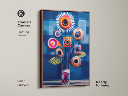 This framed canvas features abstract geometric floral artwork in teal and orange tones. The mid-century modern print has a brown floating frame that enhances the colorful geometric print. Perfect as a modern housewarming gift to an art enthusiast.