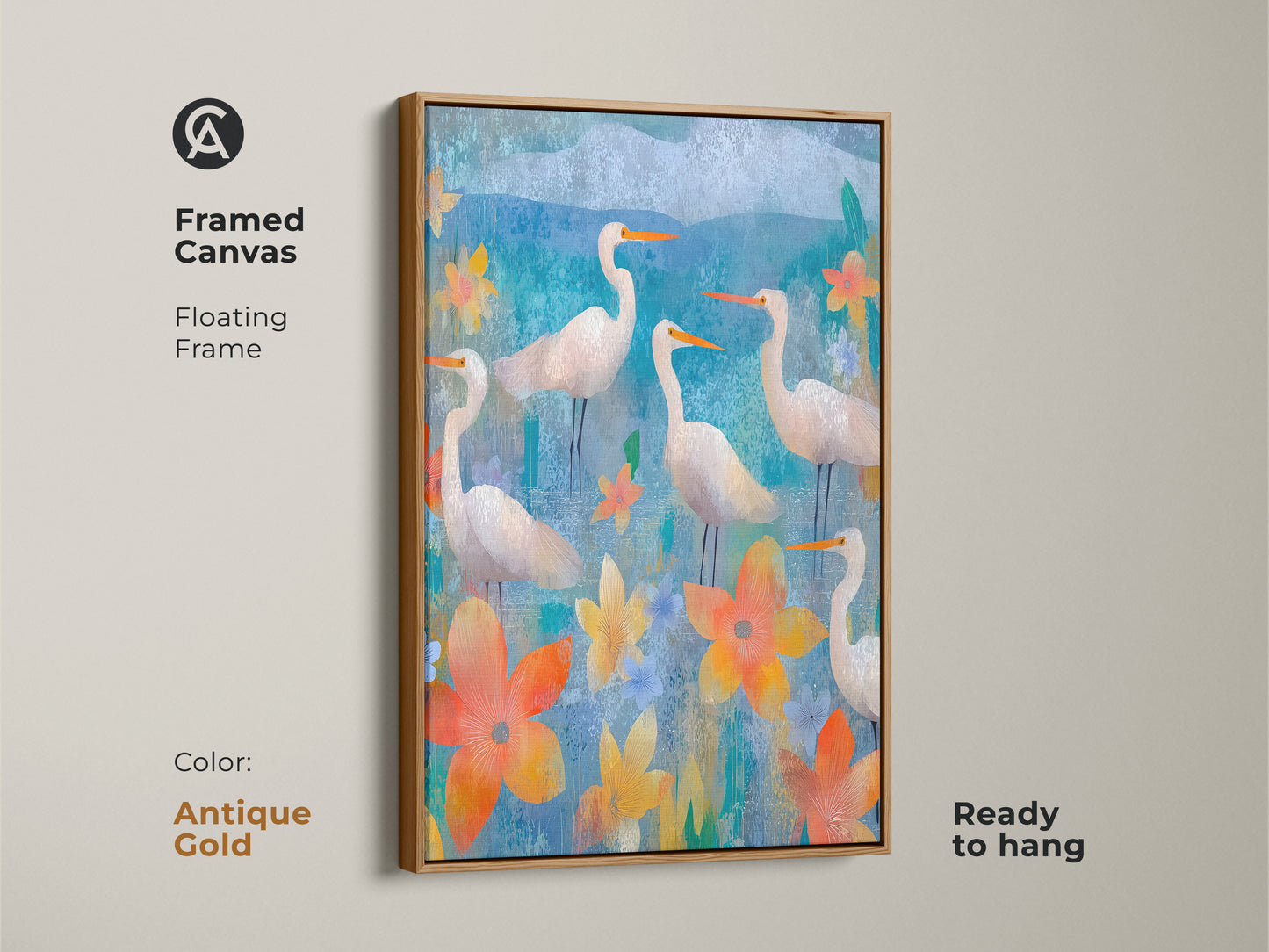 Antique Gold frame canvas featuring egrets among blooms. Teal nature poster that adds charm to any office or living room. This artistic nature wall hanging is ready to hang.