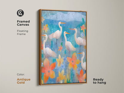 Antique Gold frame canvas featuring egrets among blooms. Teal nature poster that adds charm to any office or living room. This artistic nature wall hanging is ready to hang.