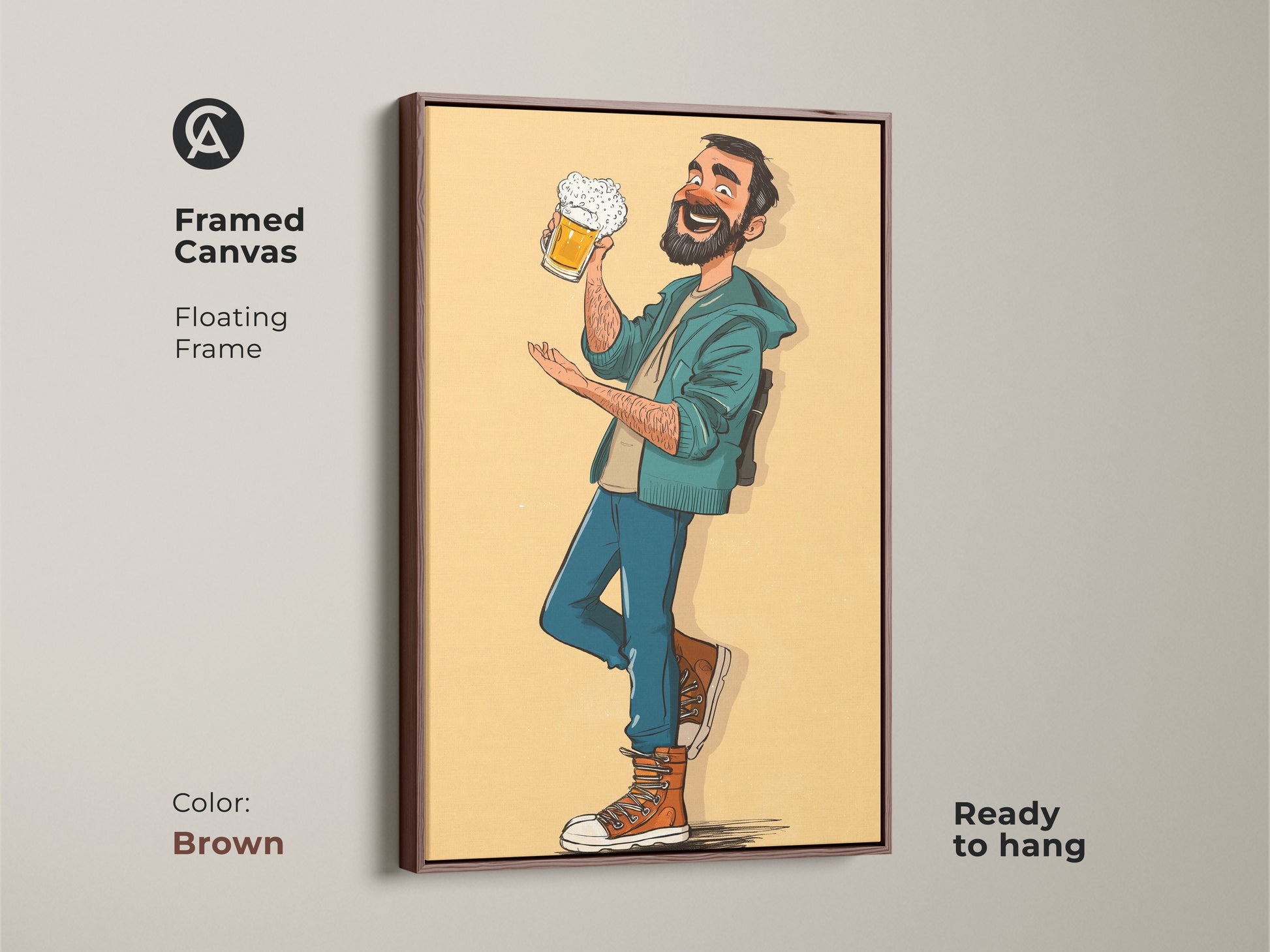 Framed canvas art of a cartoon man enjoying beer with a brown floating frame. Ready to hang for easy display. It is a unique gift for the beer enthusiast. Add character to your bar or man cave with this piece. The artwork is a perfect Father's Day gift for dad. The yellow orange teal art colors add vibrancy.