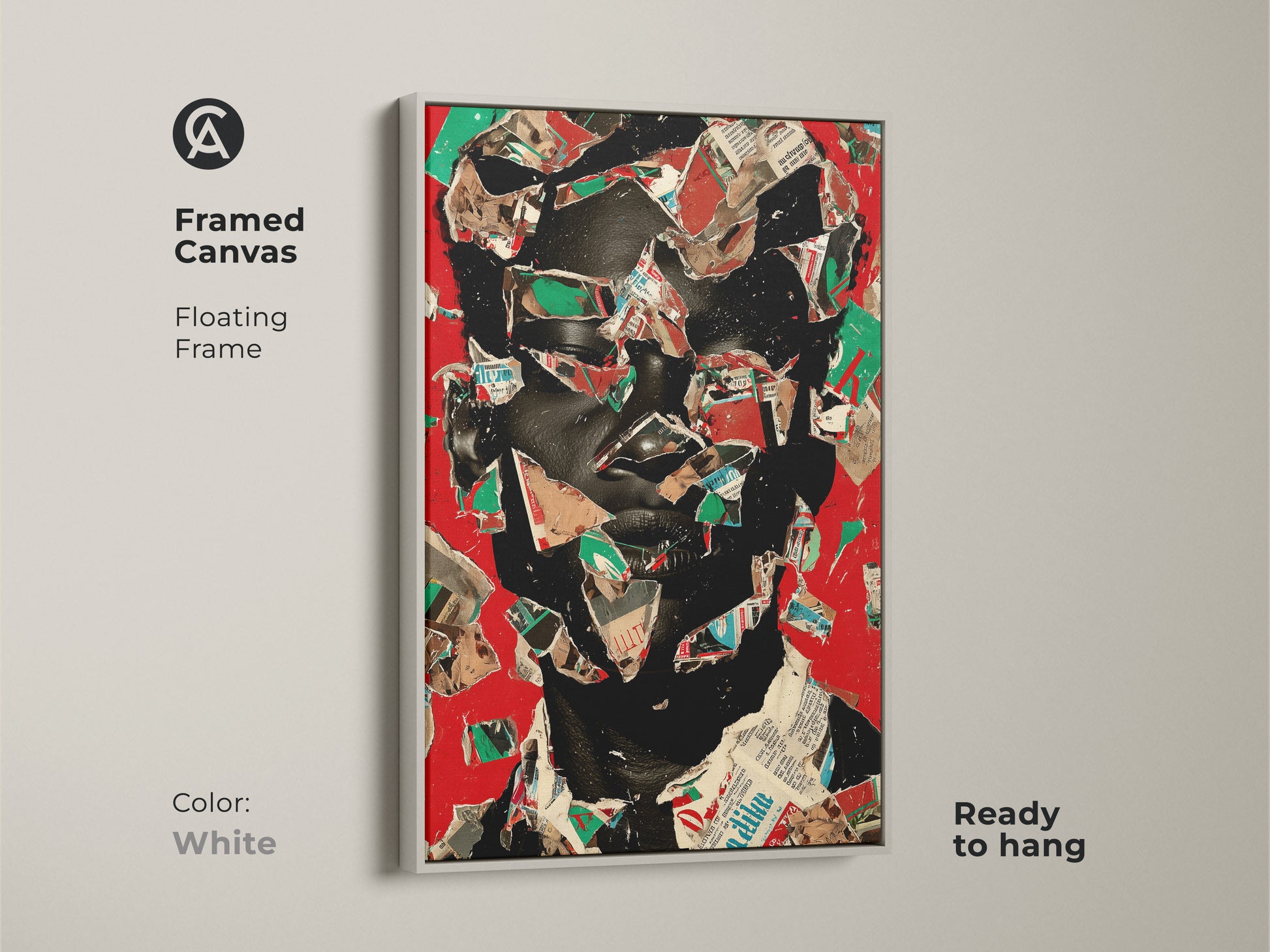 Framed canvas with a floating frame in white showcasing an abstract face. Red and black collage. Contemporary portrait art adds an eclectic touch. Mixed media artwork is ready to hang for modern wall decor.