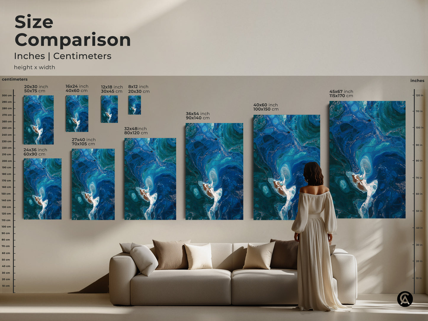 Size comparison of abstract ocean art in inches and centimeters. See various sizes from small to large. A woman in a dress is viewing the art above a couch. This is the perfect modern abstract bedroom decor or a housewarming gift for ocean lovers.