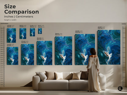 Size comparison of abstract ocean art in inches and centimeters. See various sizes from small to large. A woman in a dress is viewing the art above a couch. This is the perfect modern abstract bedroom decor or a housewarming gift for ocean lovers.