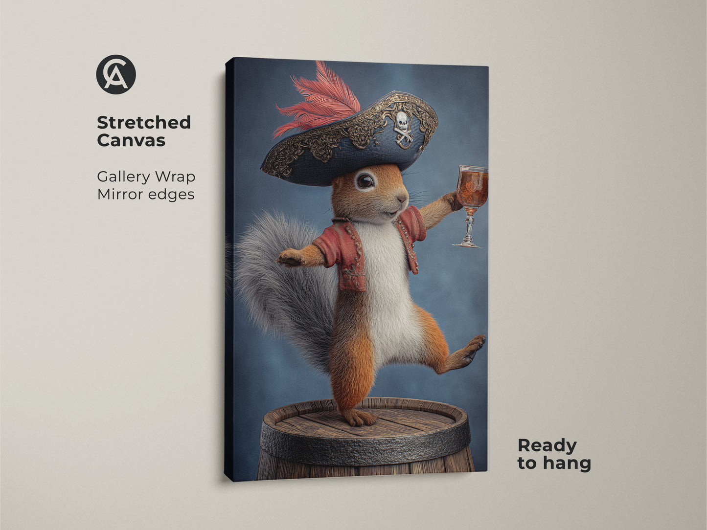 Stretched canvas print of a pirate squirrel. This gallery-wrapped artwork features mirror edges and is ready to hang. The fantasy animal art showcases a whimsical squirrel dressed as a pirate. It stands on a barrel holding a drink. This unique piece adds eclectic home decor art to any space.