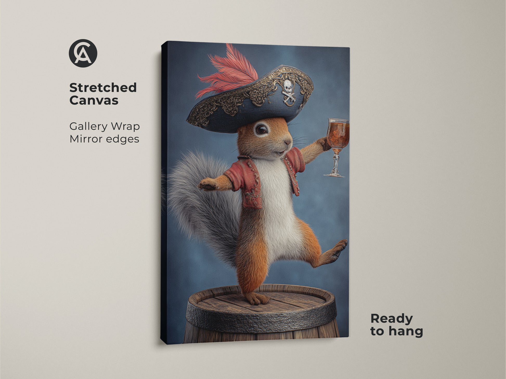 Stretched canvas print of a pirate squirrel. This gallery-wrapped artwork features mirror edges and is ready to hang. The fantasy animal art showcases a whimsical squirrel dressed as a pirate. It stands on a barrel holding a drink. This unique piece adds eclectic home decor art to any space.