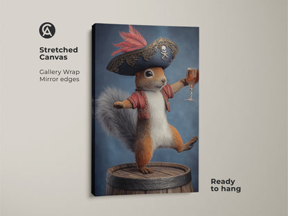 Stretched canvas print of a pirate squirrel. This gallery-wrapped artwork features mirror edges and is ready to hang. The fantasy animal art showcases a whimsical squirrel dressed as a pirate. It stands on a barrel holding a drink. This unique piece adds eclectic home decor art to any space.