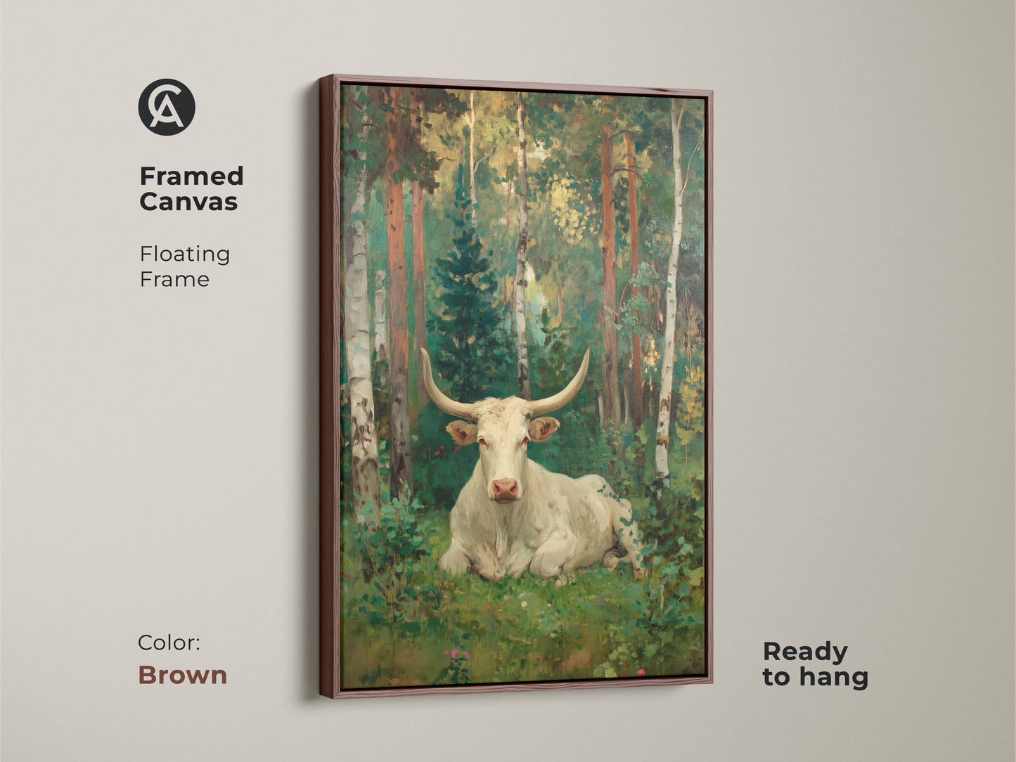 This framed canvas artwork showcases a white longhorn bull in a forest. The brown floating frame complements the natural tones of this pastoral scene. A ready-to-hang piece for a warm inviting atmosphere.