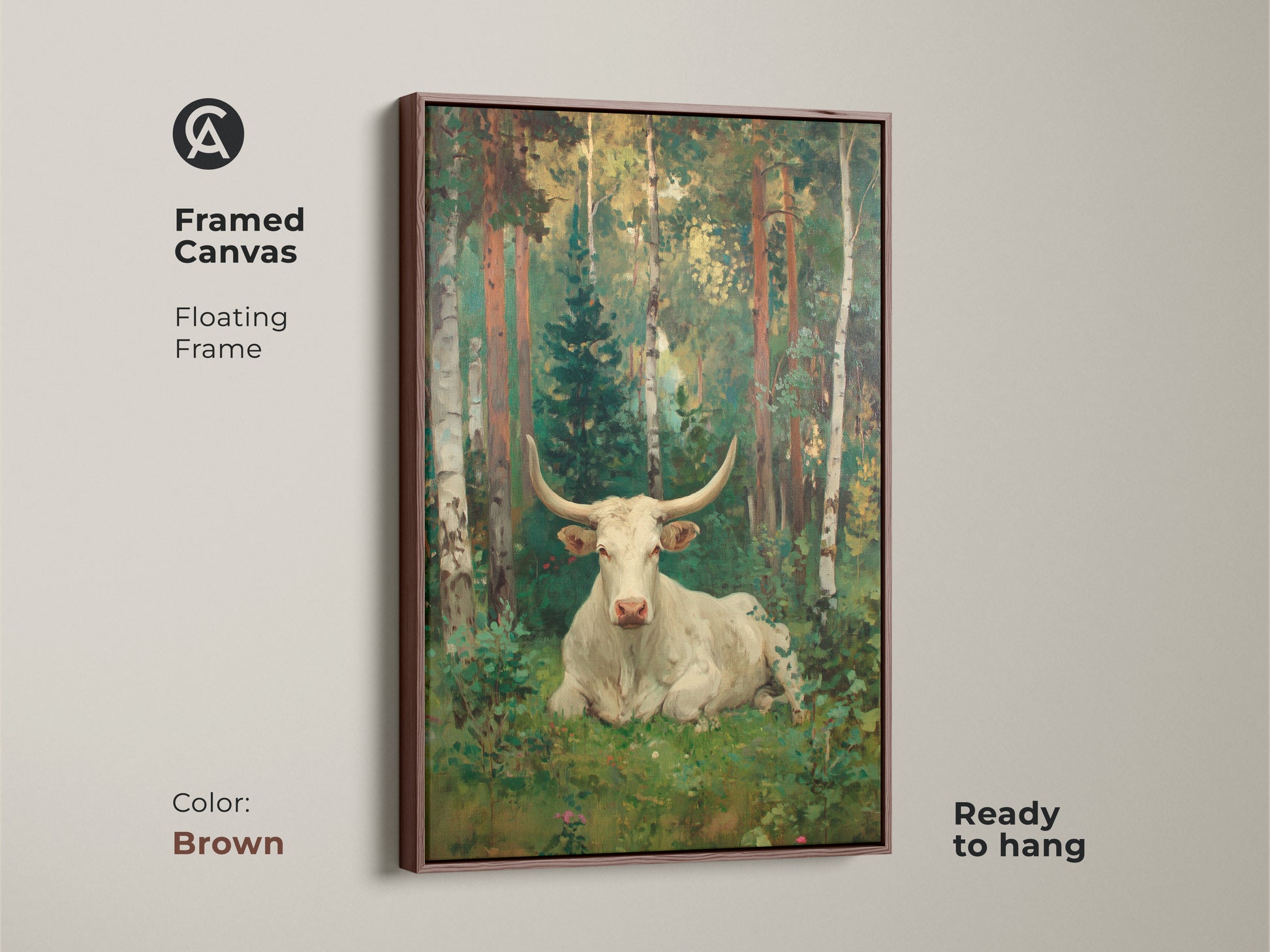 This framed canvas artwork showcases a white longhorn bull in a forest. The brown floating frame complements the natural tones of this pastoral scene. A ready-to-hang piece for a warm inviting atmosphere.