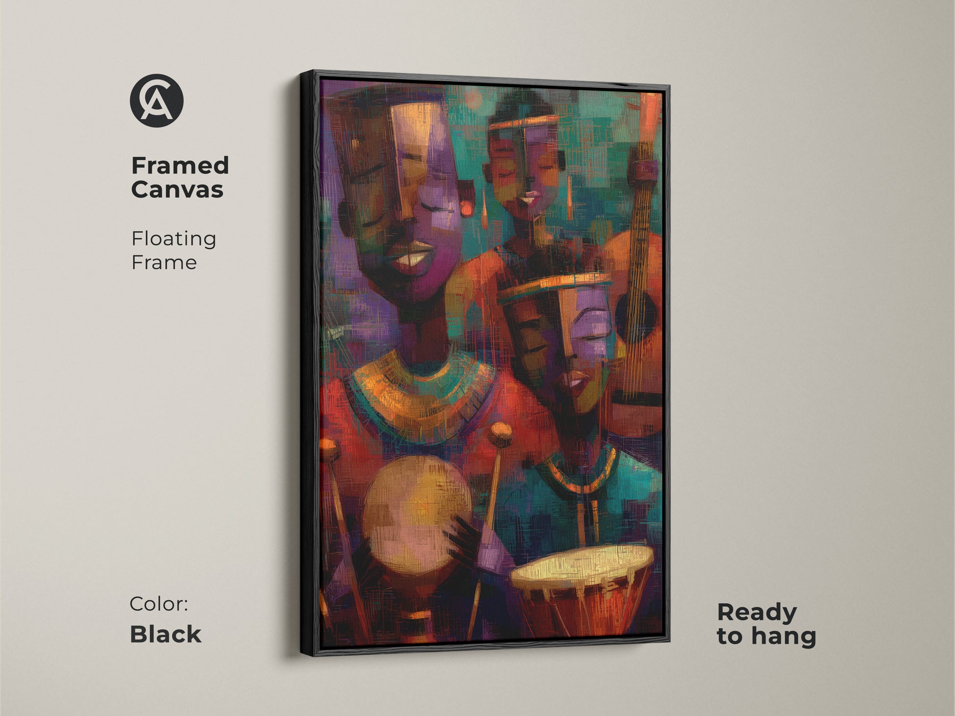 Framed canvas with a black floating frame. This abstract expressionism wall art features tribal musicians. The deep purple orange and teal art adds an eclectic touch to any home. Ready to hang this canvas print is perfect for music lovers. A vibrant artistic wall hanging that will enhance your dining room wall.