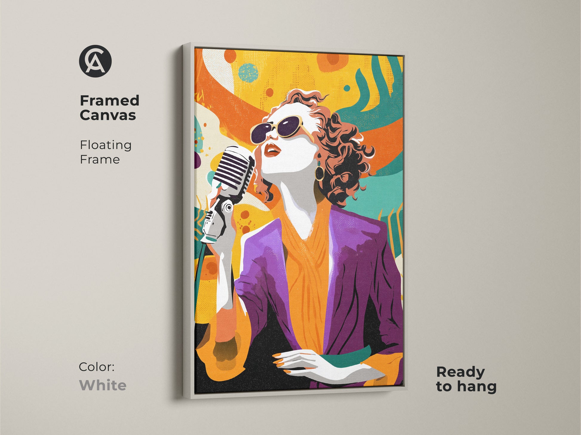 Framed canvas featuring a retro pop art singer in a white floating frame. The abstract music wall art has a vintage microphone. Eclectic orange and teal hues make this a unique musician artwork gift. Ready to hang adding a lively touch to any room.