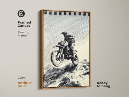 This framed canvas print features a Motocross Rider in sketch art. The floating frame is antique gold and the art style is black and white with ink drawing. Ready to hang and perfect for garages. It's a great gift for action sports enthusiasts and motocross fans.