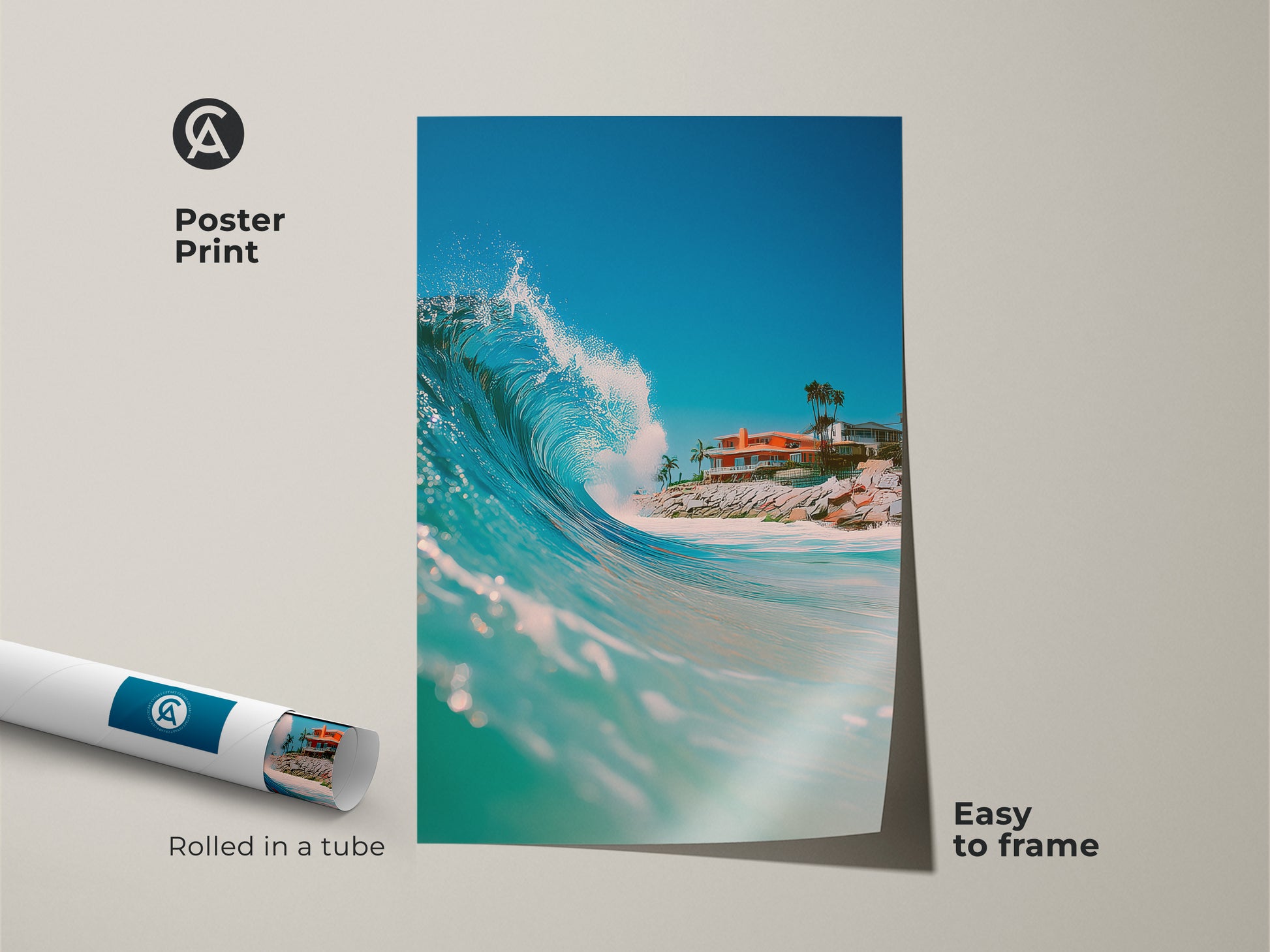 Poster print showcasing a captivating ocean wave and coastal home. The art print comes rolled in a tube for easy framing. This museum-quality paper enhances the beauty of the ocean scene. Add a touch of the beach to your home decor.