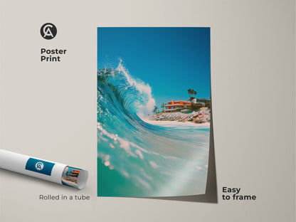 Poster print showcasing a captivating ocean wave and coastal home. The art print comes rolled in a tube for easy framing. This museum-quality paper enhances the beauty of the ocean scene. Add a touch of the beach to your home decor.