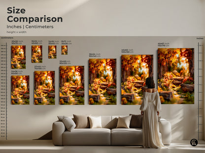 Size comparison of forest path artwork in inches and centimeters. Various sizes are available for canvas and poster prints. Visualize how each size fits above a couch. Perfect for planning your home decor with nature art.