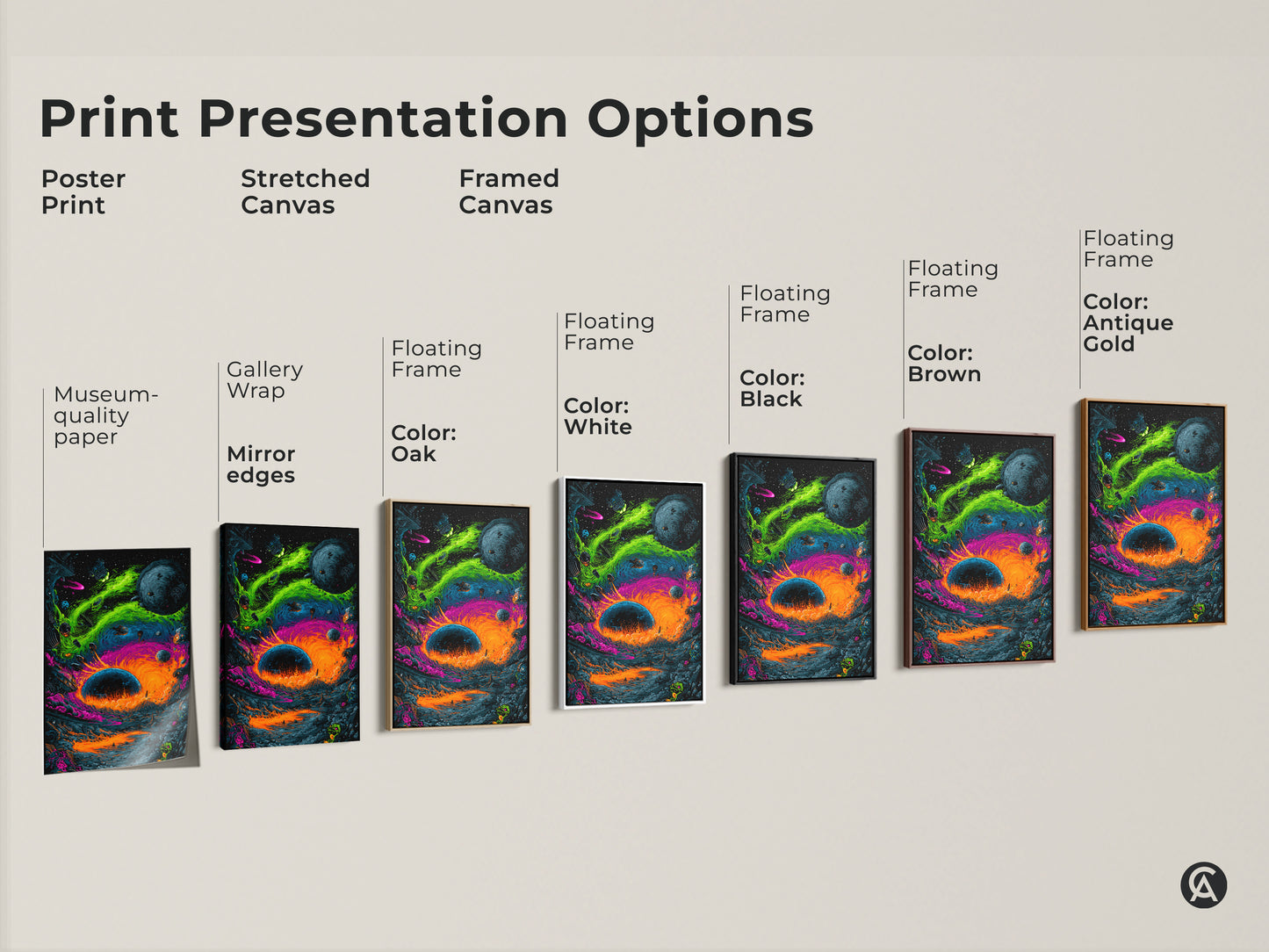 Explore print presentation options with this space art. Choose from poster prints to stretched canvas and framed canvas. Each option brings this surreal alien landscape to life. Find the perfect format to showcase this cosmic artwork. Museum-quality paper and gallery wrap available.