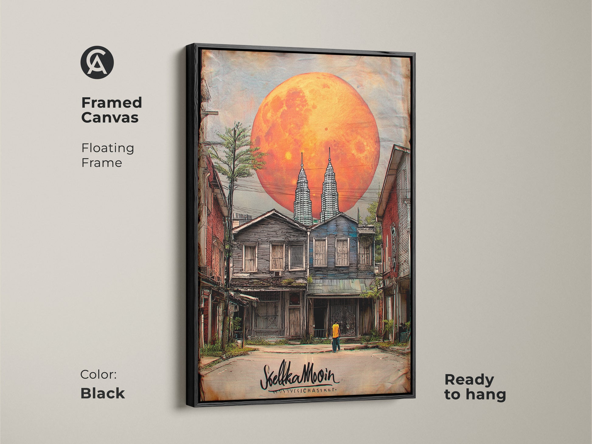 Framed canvas shows surreal cityscape art featuring Twin Towers with an orange moon. A black floating frame enhances this digital fantasy artwork. Ready to hang this piece adds an eclectic touch to bedroom decor. Perfect as a travel gift.