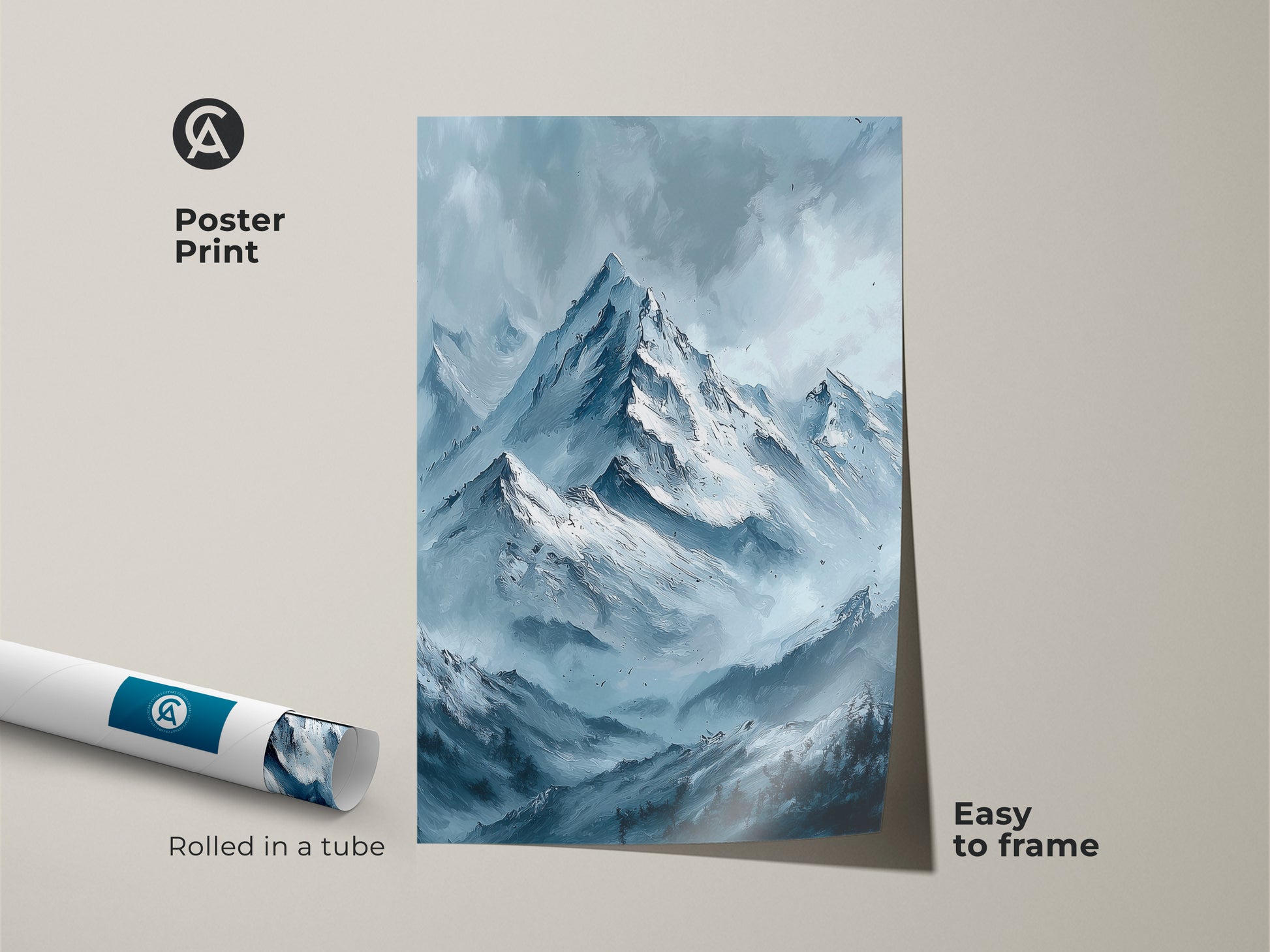 Poster print of mountain artwork for sale. This museum-quality paper features snow-capped mountains and a blue hue. This poster print comes rolled in a tube ready to frame. Find the perfect print for your home today