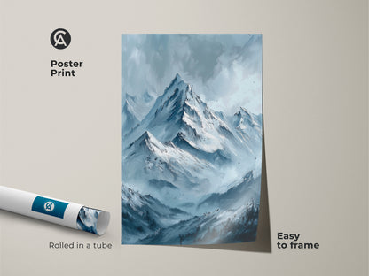 Poster print of mountain artwork for sale. This museum-quality paper features snow-capped mountains and a blue hue. This poster print comes rolled in a tube ready to frame. Find the perfect print for your home today