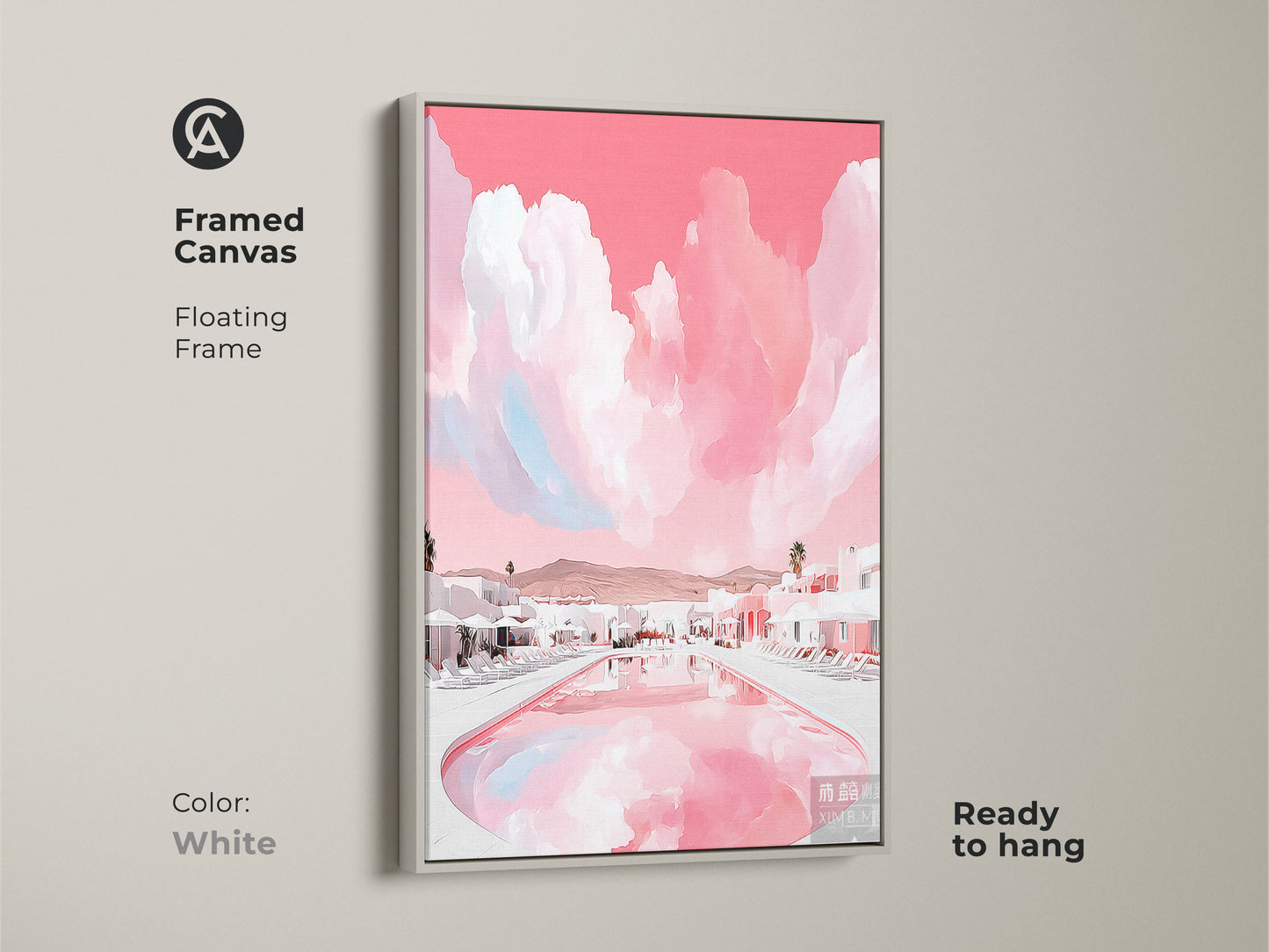White framed canvas art featuring a pink resort poolside scene. This modern abstract landscape print adds a chic touch to any wall. Enhance your contemporary home with this artistic vacation landscape.