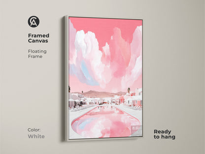 White framed canvas art featuring a pink resort poolside scene. This modern abstract landscape print adds a chic touch to any wall. Enhance your contemporary home with this artistic vacation landscape.