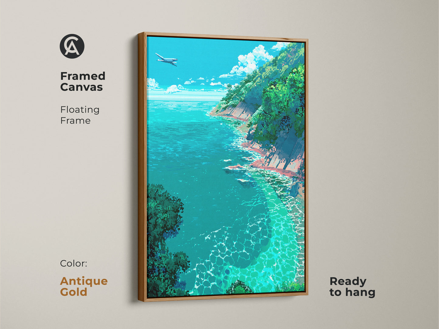 Add coastal charm with this framed canvas artwork. It presents a plane above a turquoise ocean and lush green cliffs. The antique gold floating frame adds a touch of vintage elegance. Ready to hang this print brings serenity to your home.