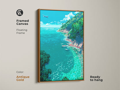 Add coastal charm with this framed canvas artwork. It presents a plane above a turquoise ocean and lush green cliffs. The antique gold floating frame adds a touch of vintage elegance. Ready to hang this print brings serenity to your home.