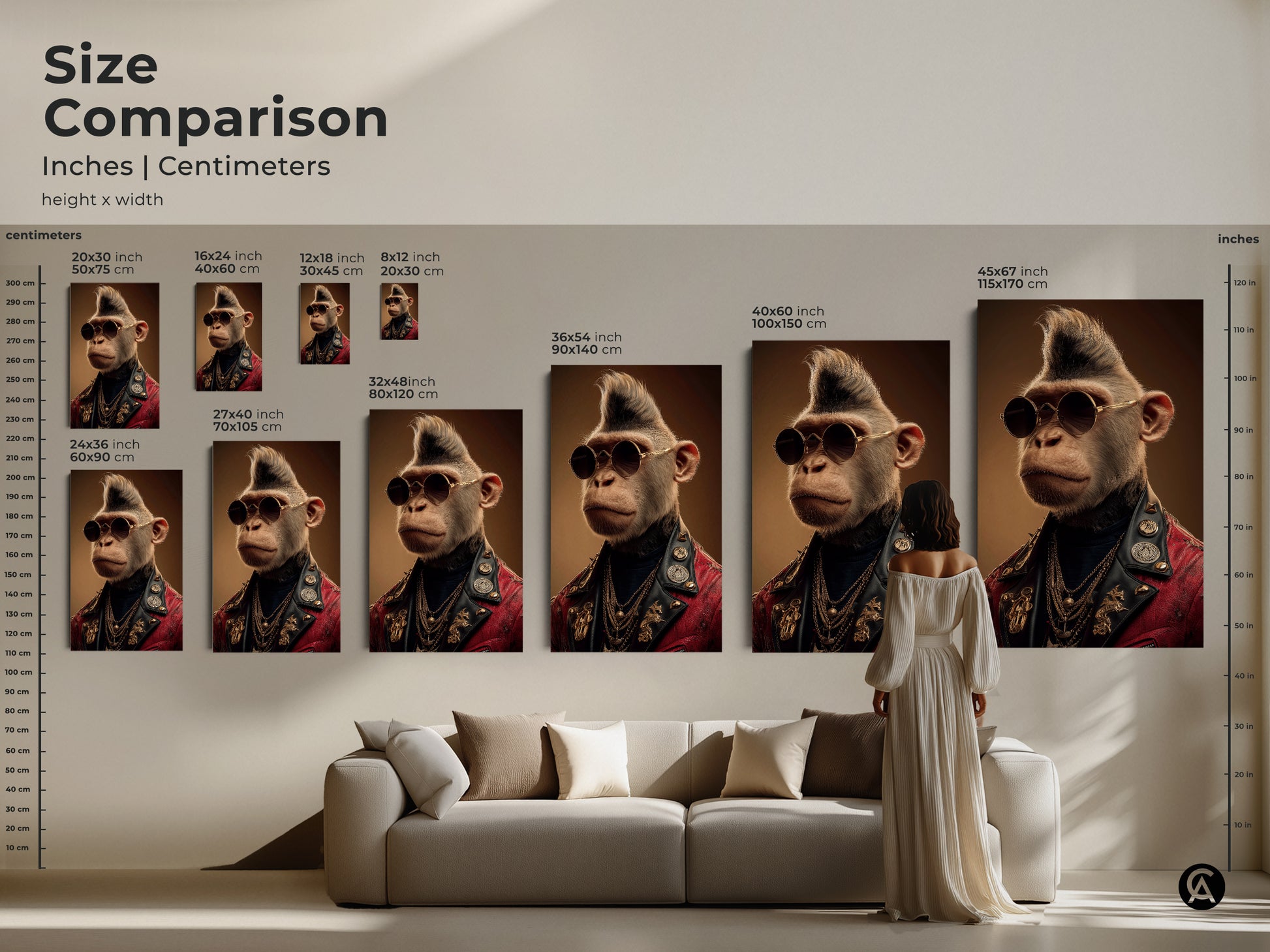 Size comparison shows the rockstar monkey art in various dimensions from small to large. This punk rock animal print makes a statement piece for any living room decor.