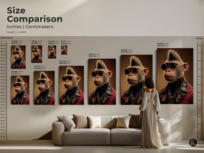 Size comparison shows the rockstar monkey art in various dimensions from small to large. This punk rock animal print makes a statement piece for any living room decor.