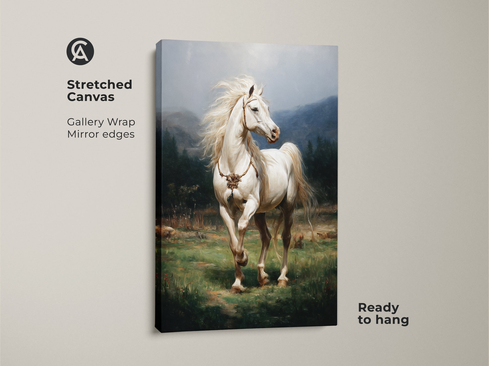 This is a stretched canvas gallery wrap of a realistic white horse. The print features a rustic green landscape. Ready to hang this equestrian wall decor brings nature indoors. It is a perfect gift for horse lovers. This artwork enhances any home with its serene and natural beauty.