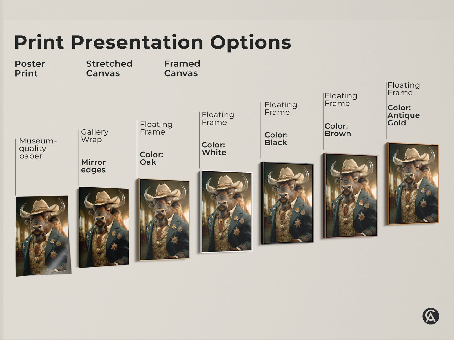 Explore print presentation options for buffalo sheriff artwork. Choose from poster prints stretched canvas and framed canvas. Each option highlights the surreal western cowboy animal portrait. Find the perfect eclectic home decor or man cave wall decor today.