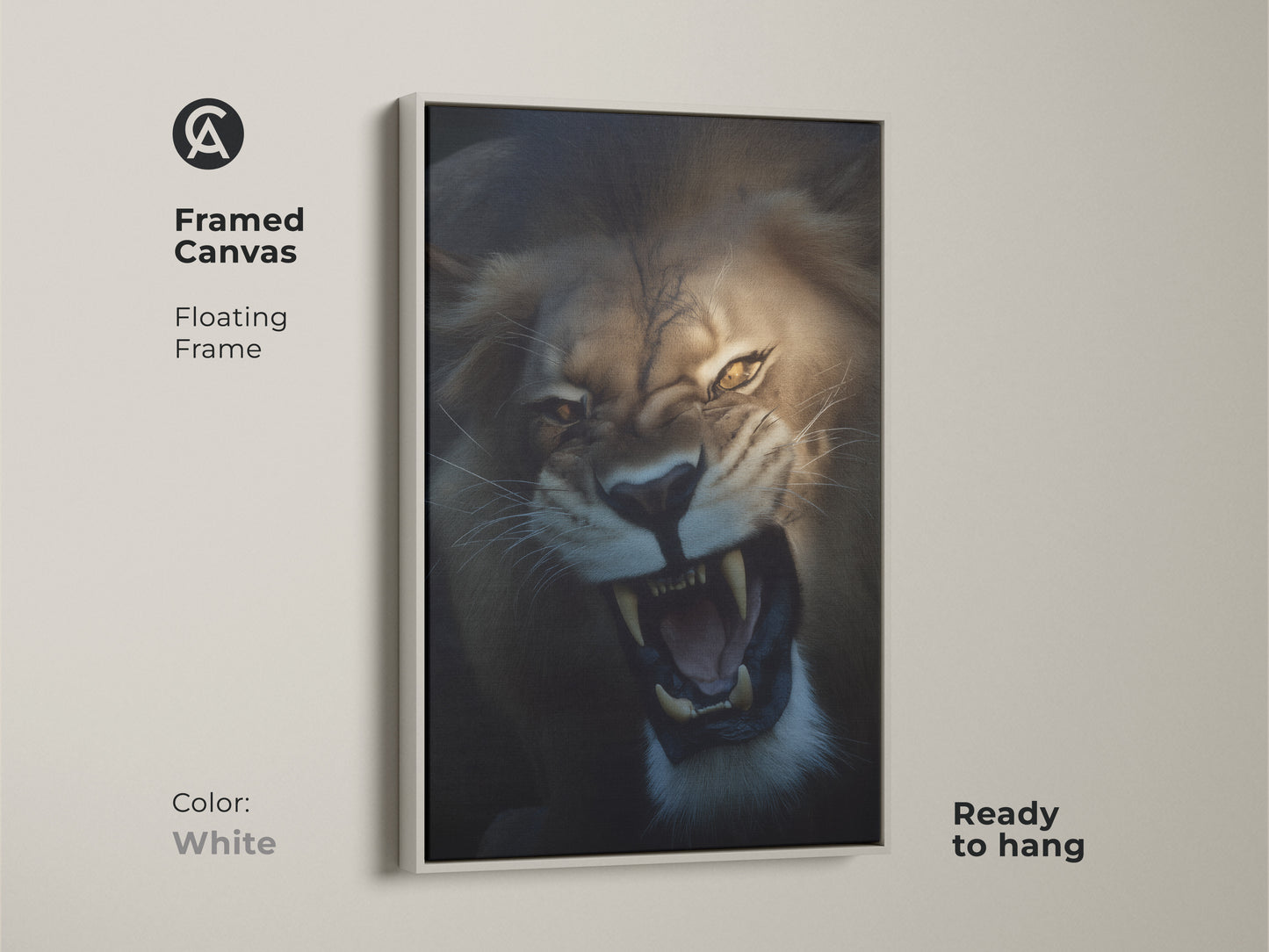 Framed canvas featuring roaring lion artwork with a white floating frame. The photorealistic wildlife animal canvas highlights its fierce expression. This piece is ready to hang. It complements contemporary decor and is a unique gift.