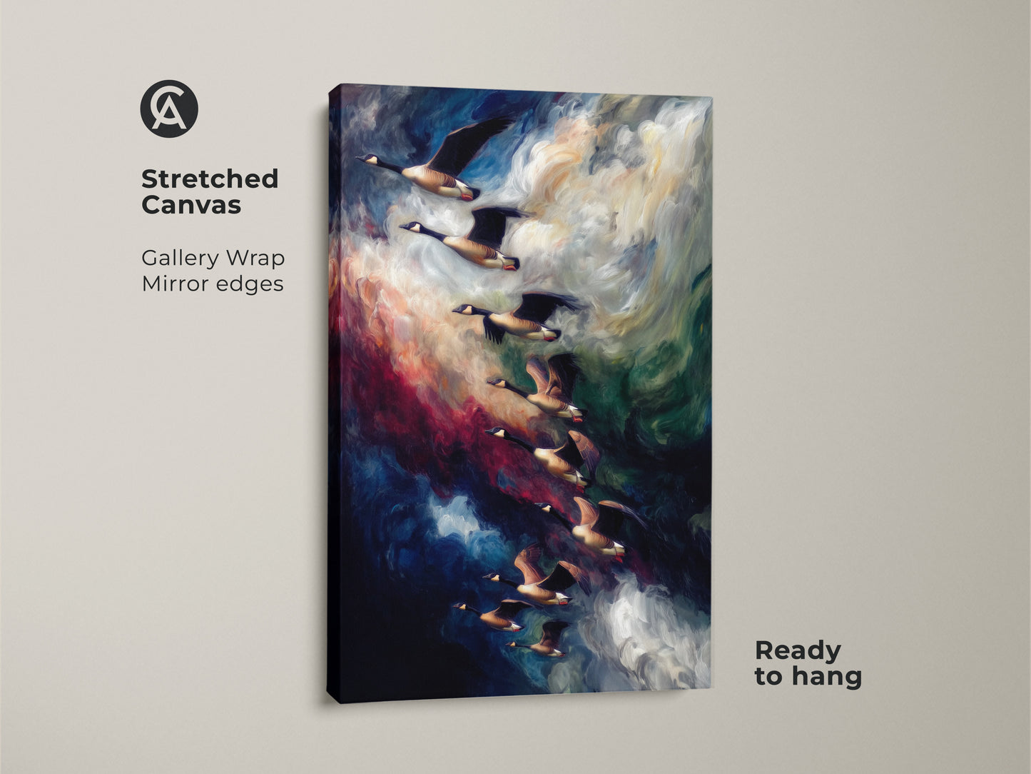 Stretched canvas gallery wrap art featuring geese in flight. This indigo abstract wildlife art displays a dark blue sky artwork perfect for bird lovers. Ready to hang for modern home decor.