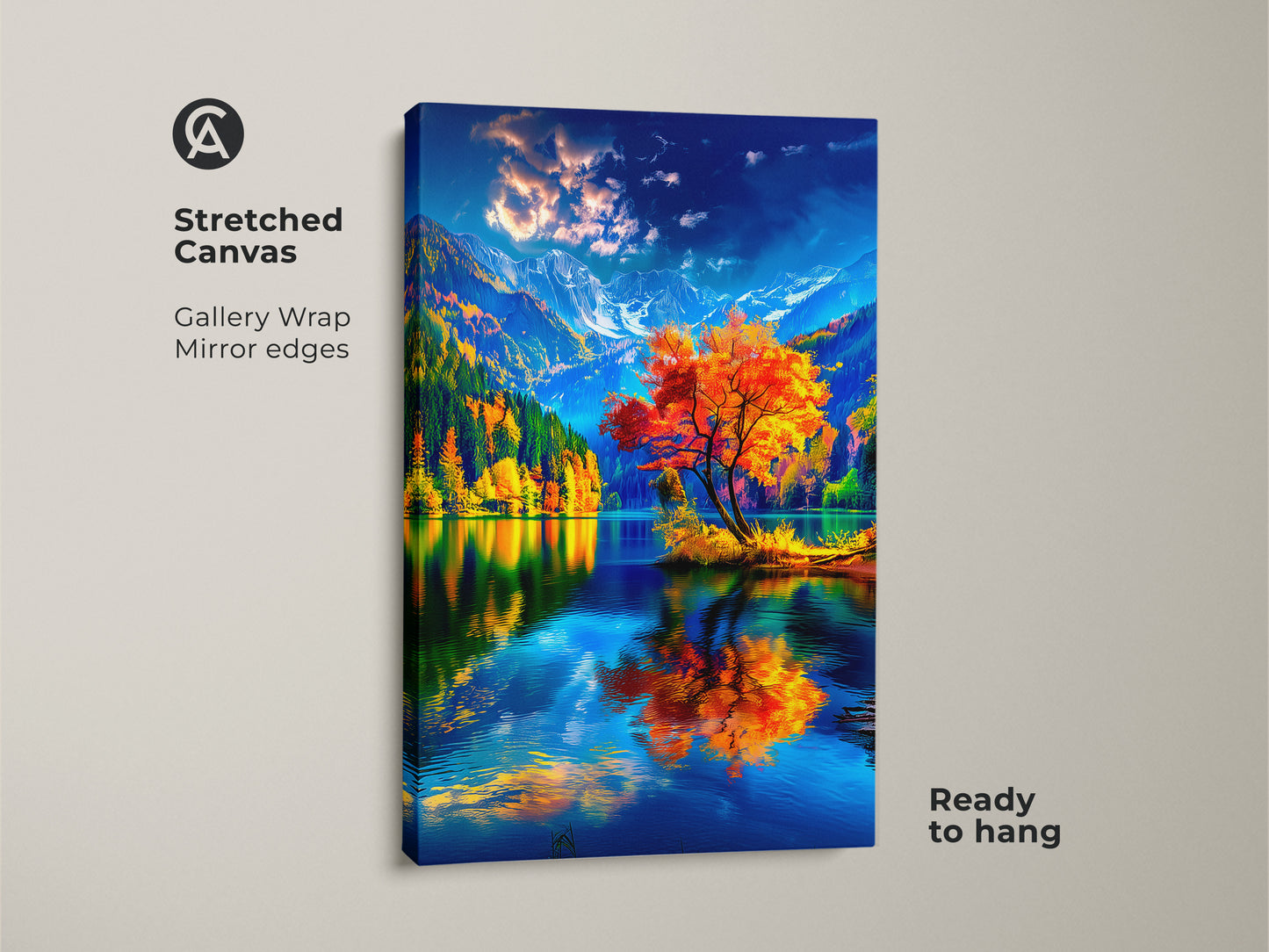 Elevate your space with this stunning stretched canvas art. The gallery wrap and mirror edges showcase a picturesque landscape with autumn colors. A bright orange tree is reflected in the calm lake. Ready to hang this piece adds elegance and sophistication to any room. Buy now to enhance your home decor.