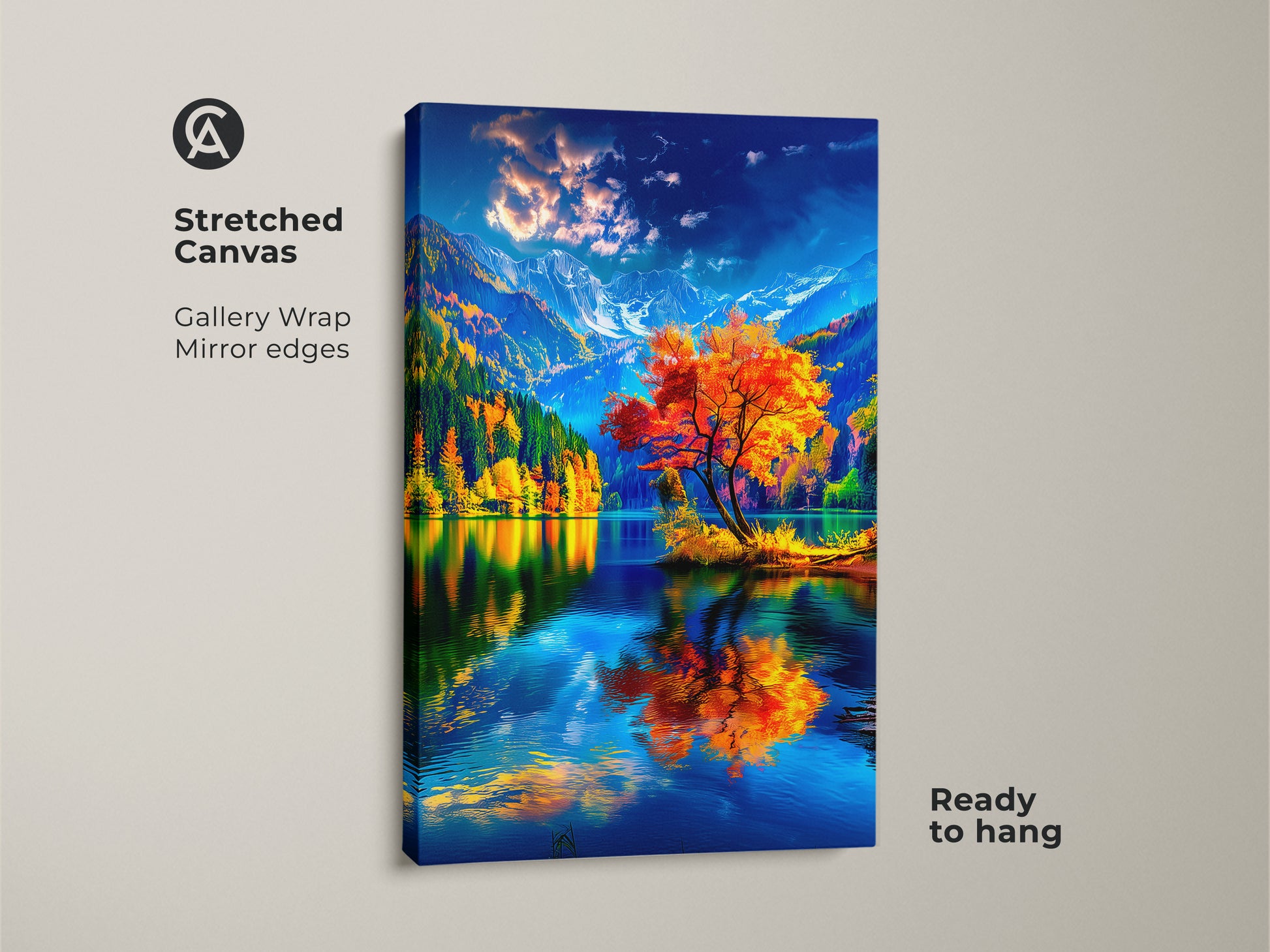 Elevate your space with this stunning stretched canvas art. The gallery wrap and mirror edges showcase a picturesque landscape with autumn colors. A bright orange tree is reflected in the calm lake. Ready to hang this piece adds elegance and sophistication to any room. Buy now to enhance your home decor.