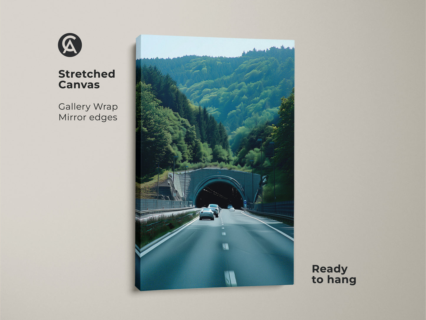 A stretched canvas featuring Green Forest Tunnel artwork. It is a ready-to-hang gallery wrap with mirrored edges. This is contemporary road trip art with realistic car photography. Perfect travel destination canvas for car lovers. Automotive themed wall art for residential wall hanging.
