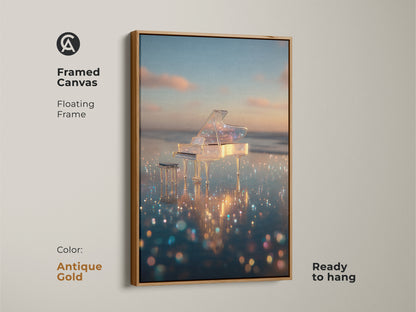 Antique gold framed canvas art of a crystal piano on a reflective beach. The floating frame adds a vintage touch. The artwork is ready to hang. It creates a luxurious ambiance. This piano art is ideal for classical music lovers. Shop now and bring elegance to your home.
