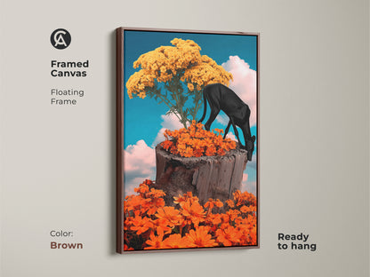 Framed canvas showcasing surreal black panther art. The fantasy nature collage adds an eclectic touch. Orange flowers and a yellow tree bring life to any room. This unique wall decor comes ready to hang. A brown floating frame complements the vivid colors.