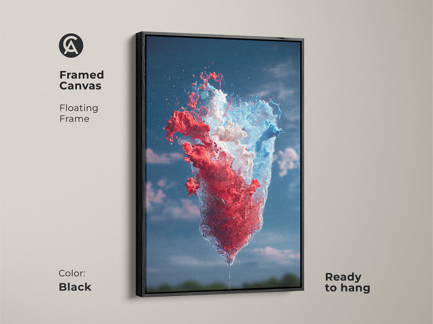 Framed canvas in black floating frame displays abstract red blue and white splash art. Ready to hang this modern artwork adds a pop of color to any wall. Perfect for those seeking contemporary abstract artwork to enhance their living room or office decor.