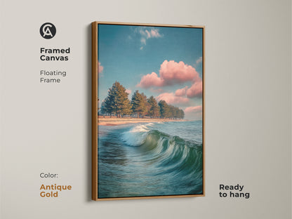 Framed canvas with an antique gold floating frame. A teal pine tree beach is showcased. Enjoy the coastal ocean wave artwork. The blue and pink sky landscape adds beauty. Ready to hang for elegant home decor. This is a fine art print.