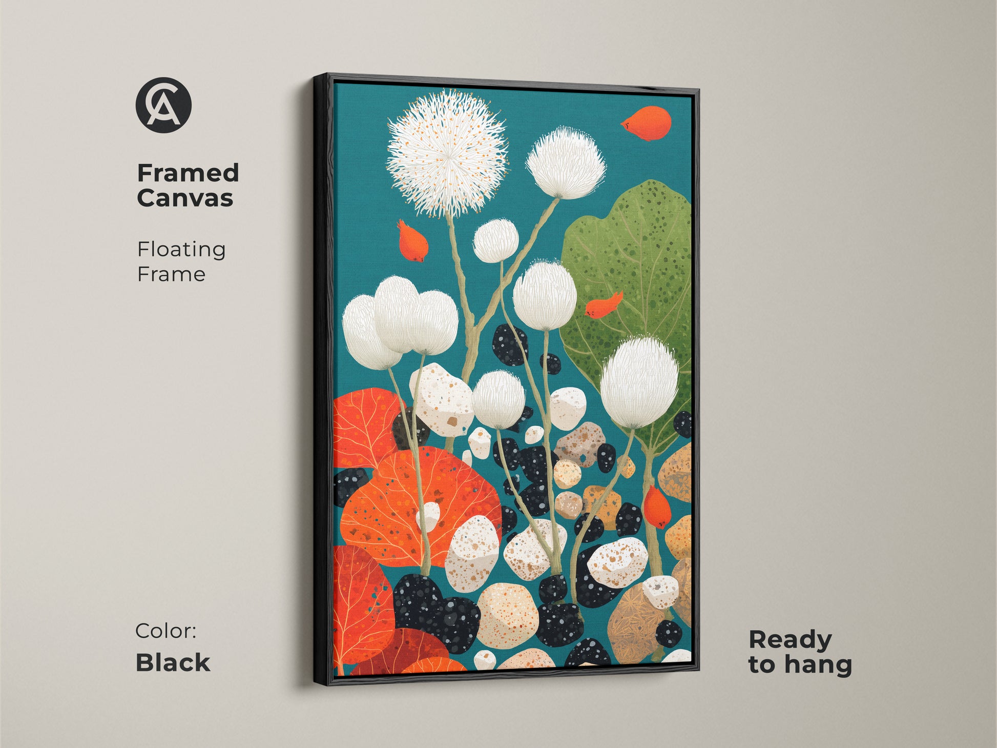 Framed abstract botanical canvas in a black floating frame. This modern dandelion and pebble art is nature-inspired. The teal and orange wall art is ready to hang adding color and style to a space.