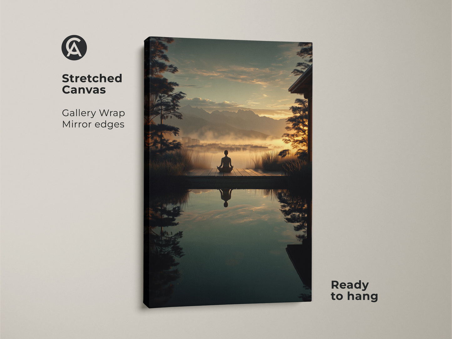 A Stretched Canvas Gallery Wrap of a Zen Mountain Landscape. The artwork shows a yoga pose silhouette. Its mirror edges enhance the depth. Ready to hang and infuse your space with spiritual nature and peaceful vibes. Golden Yellow and Teal tones bring a Scandinavian aesthetic to your home.