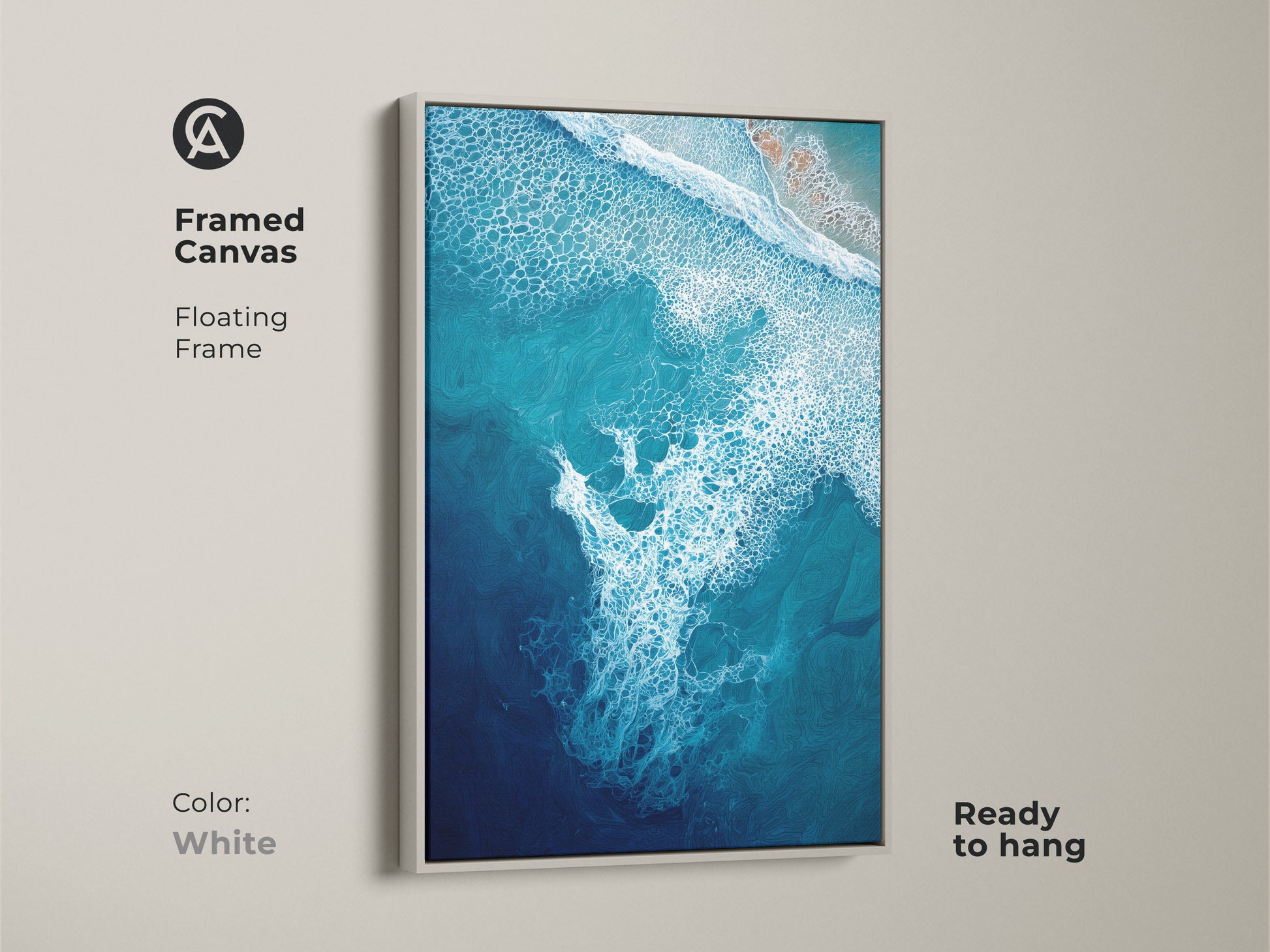 Framed canvas with a white floating frame features deep blue ocean wave art. This turquoise aerial view artwork complements any room. Ready to hang this coastal wall decor is perfect for beach lovers. This modern abstract seafoam art transforms your space. A stunning abstract seascape painting.