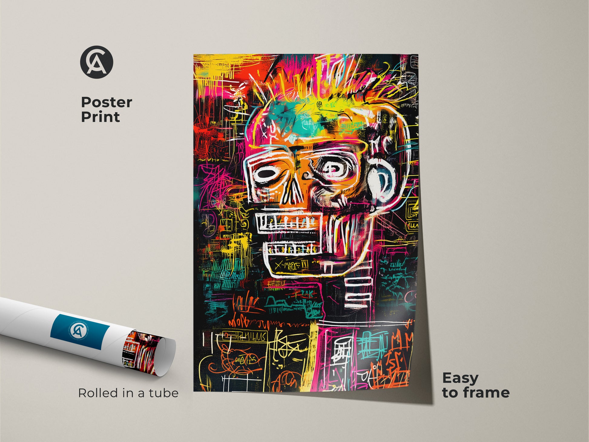 Poster print of a skull artwork rolled in a tube. This vibrant art is easy to frame. The bold colors and unique style make it a standout piece. Perfect for adding a creative flair to any space. Get ready to frame this museum-quality paper print.