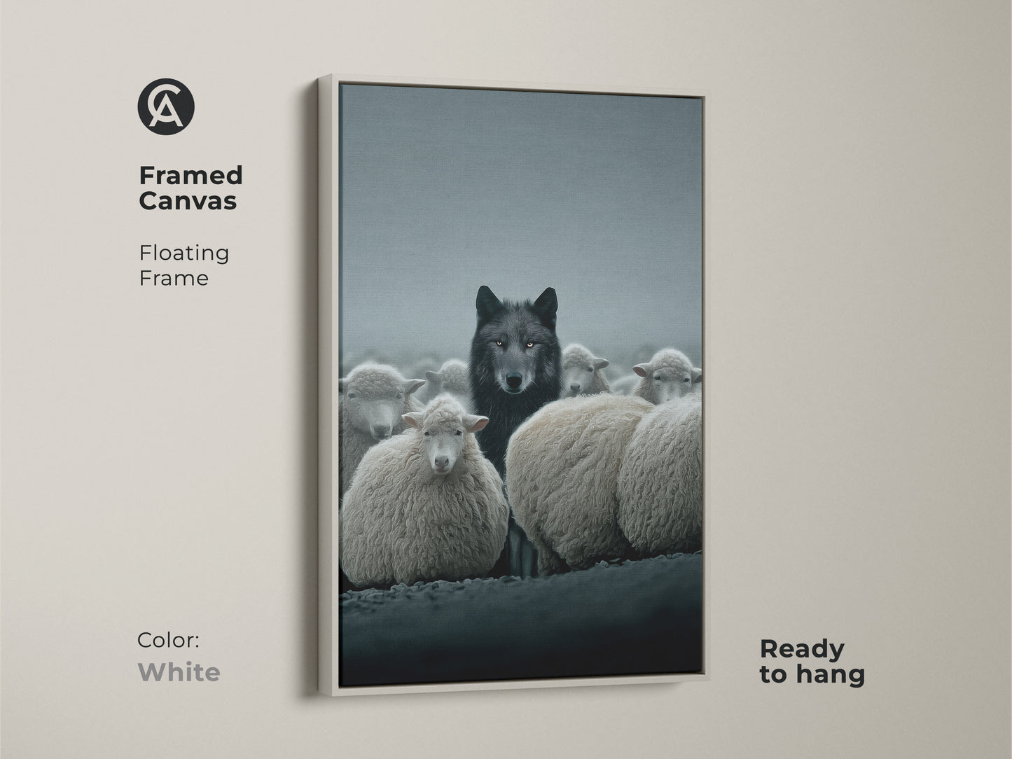 White framed canvas of a wolf amidst sheep. This modern gothic wall art complements any room. An excellent choice for eclectic animal decor and study room artwork.